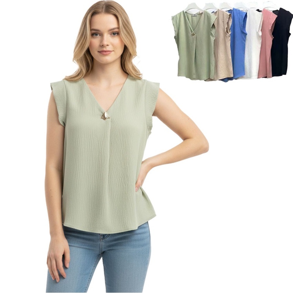 NWT AZ Fashion Blouse Women's L/XL Light Olive Relaxed Fit Cap Sleeve Cruise